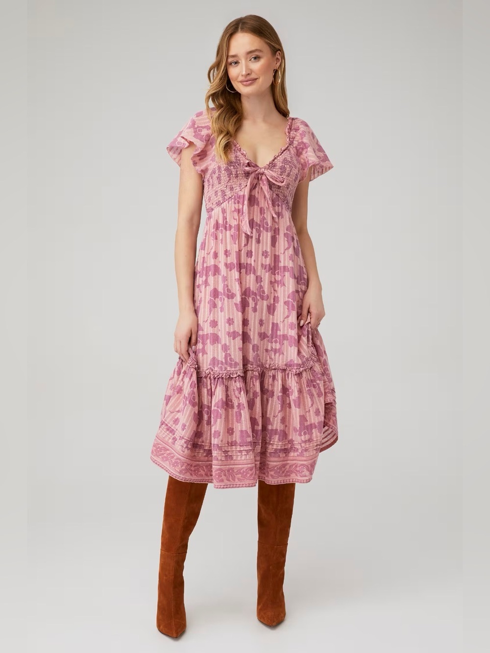 Cleobella Ashlyn Midi Dress Short Sleeve Tie Front Detail V-Neck Batik Print